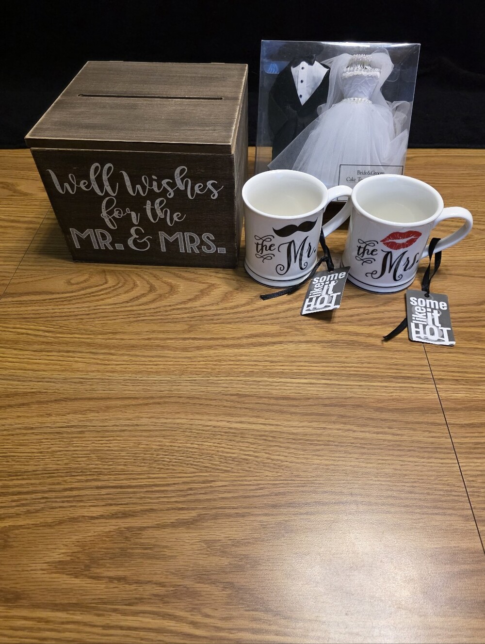 Mr. & Mrs. White Ceramic Mug Set/Advice Box/Cake Topper